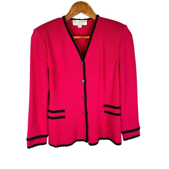 St. John Jackets & Blazers - ST. JOHN MARIE GRAY Women's Hot Pink Black Trim Knit Button Front Blazer Size 2